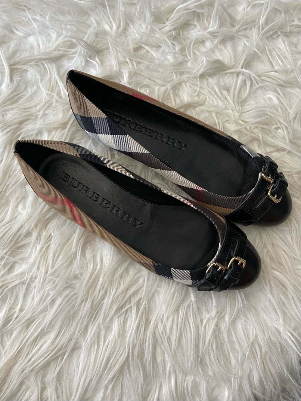 Burberry Classic Check Ballet Flats with Black Trim and Gold Buckles - Picture 2 of 7
